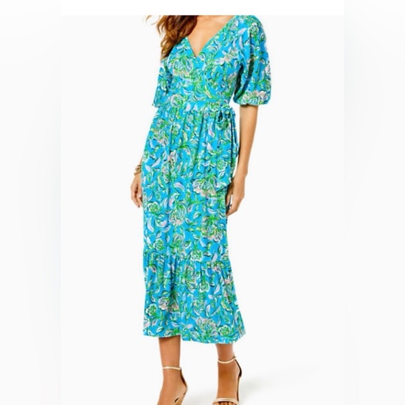 Lilly Pulitzer Brantley Midi Wrap Dress Cumulus Blue Chick Magnet, L - Picture 1 of 8